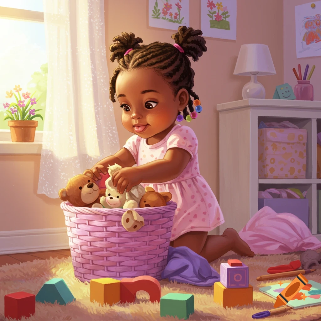 An illustration of a young Black girl with braided pigtails playing with stuffed animals in a wicker basket on a rug in a sunlit room.