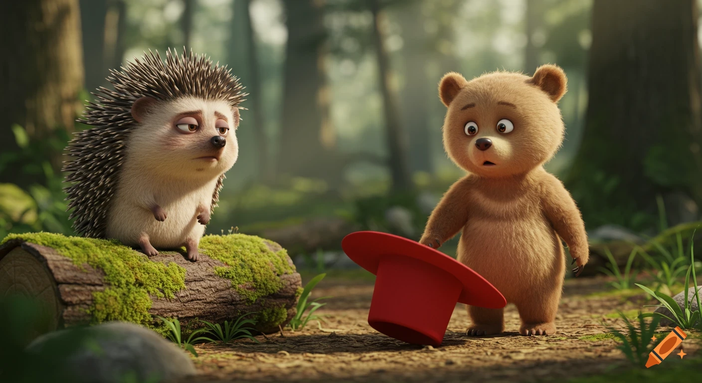 A deadpan hedgehog sits on a mossy log, observing a surprised bear cub holding a red hat in a lush 3D animated forest.