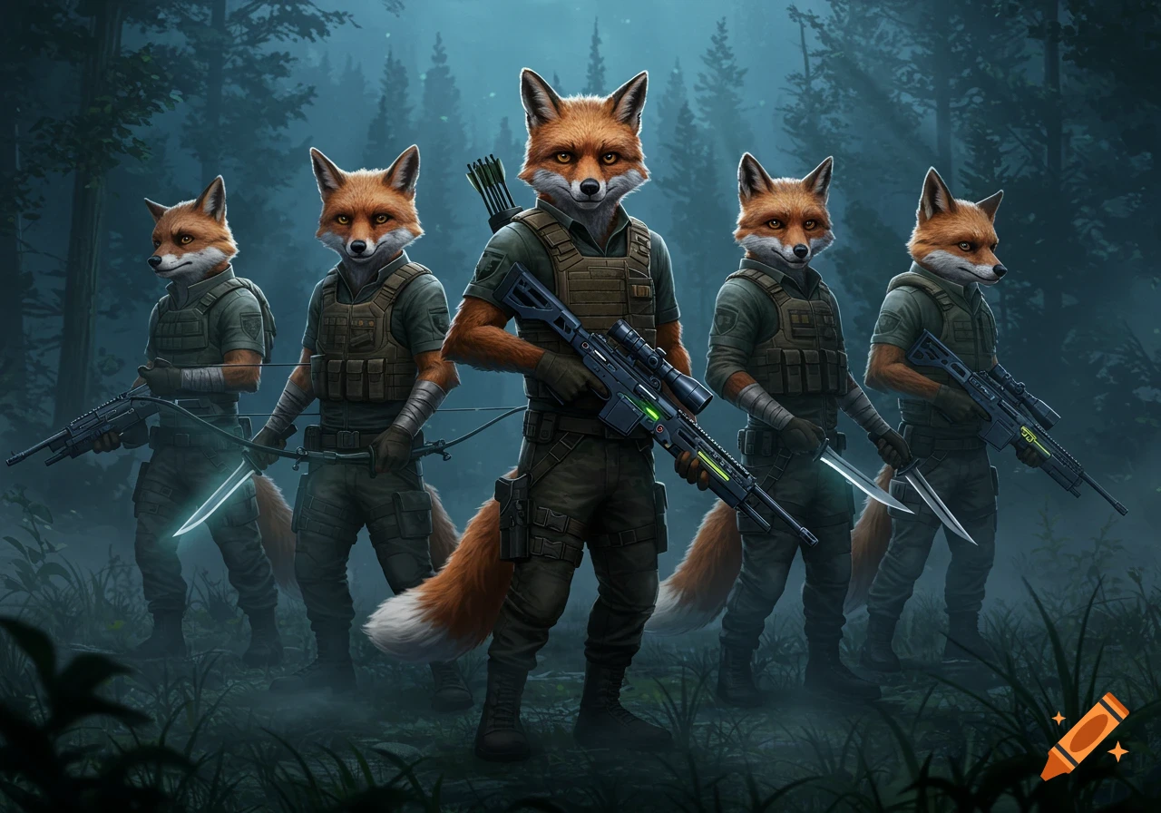 Five anthropomorphic foxes in tactical gear stand in a misty forest, holding futuristic weapons.
