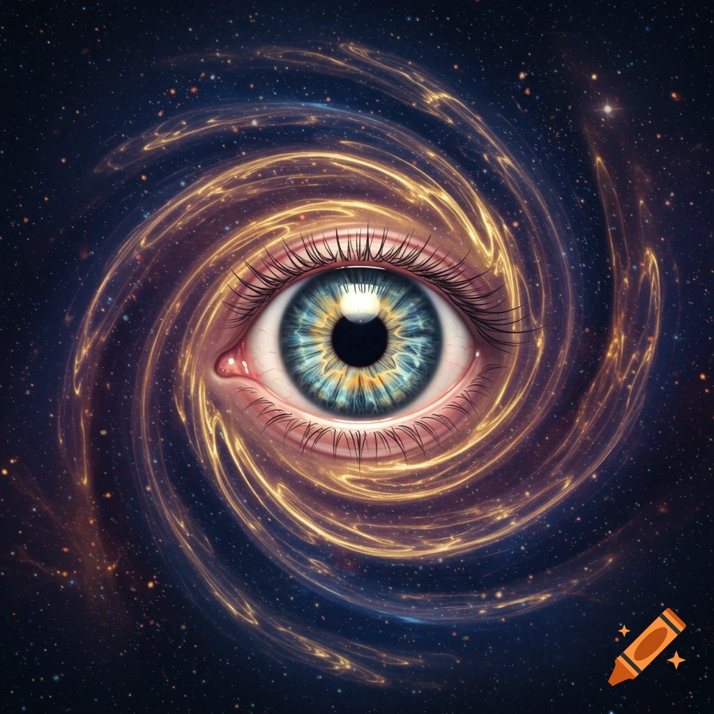 A detailed human eye with a blue-gold iris centered within a swirling golden and blue galaxy filled with stars.