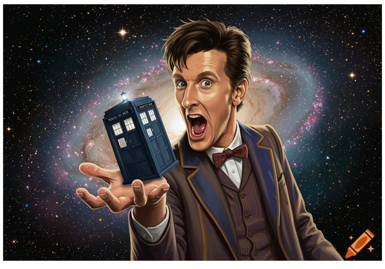 An excited stylized illustration of the Eleventh Doctor holding a small TARDIS in his hand, set against a vibrant galaxy backdrop.