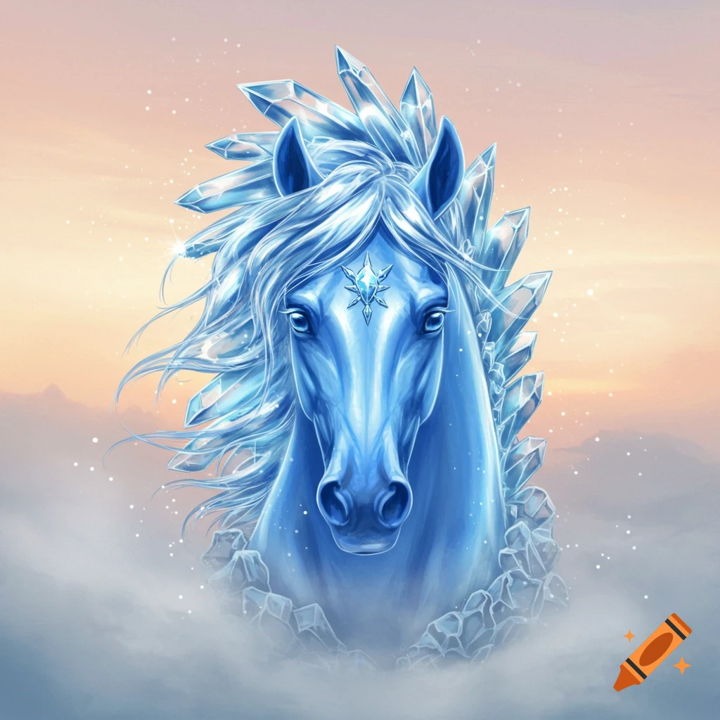 A close-up of a majestic blue crystal horse head with an icy mane against a warm, soft sky.