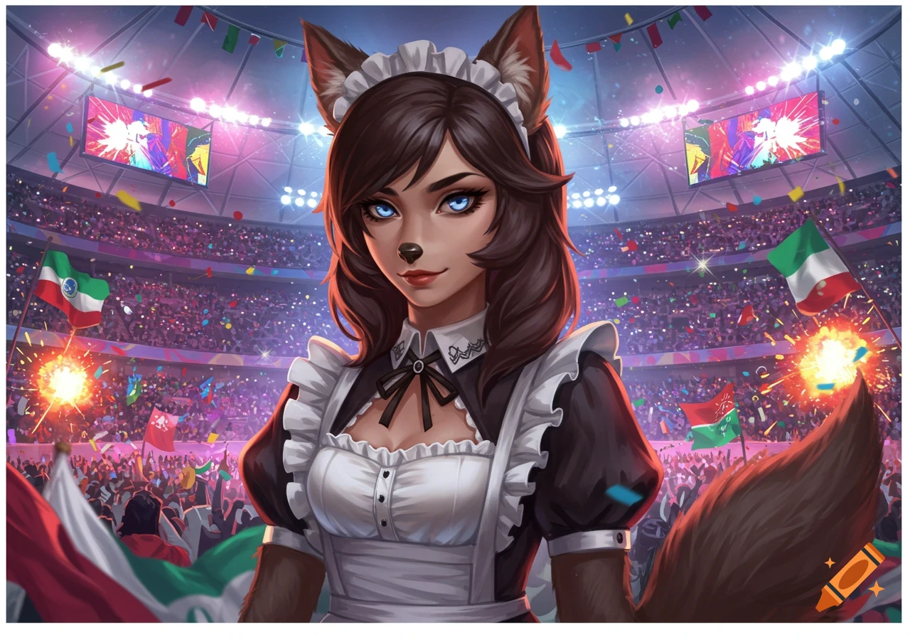 A wolf-girl in a maid dress with dark brown hair and blue eyes stands in a vibrant, confetti-filled stadium during a sports event.