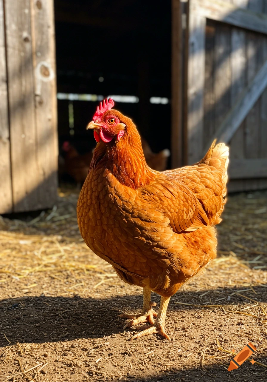 A brown chicken stands in sunlight on dirt and straw in front of a wooden barn.