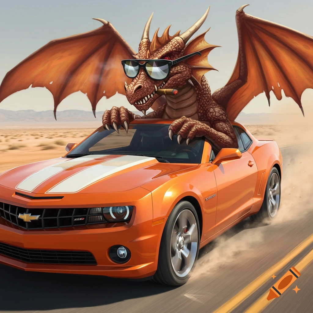 A cool dragon wearing sunglasses and smoking a cigar drives an orange 2010 Camaro SS with white stripes down a desert road.