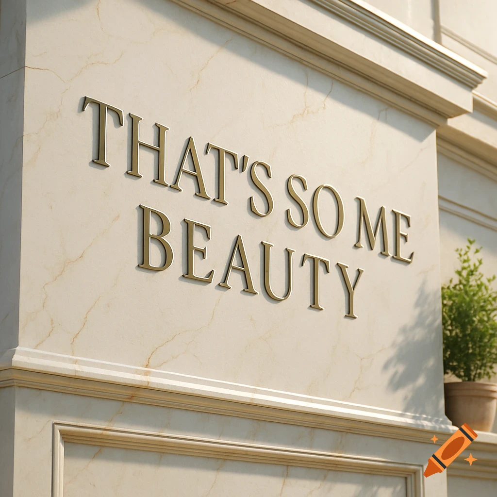 Gold embossed text "THAT'S SO ME BEAUTY" on a white marble building facade with a small plant.