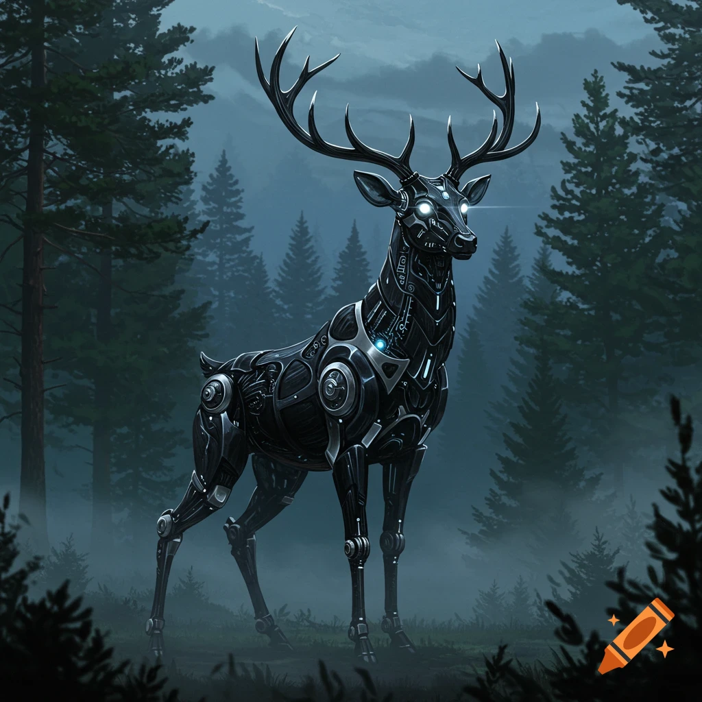 A sleek, black and silver mechanical stag with glowing white eyes stands in a misty forest.