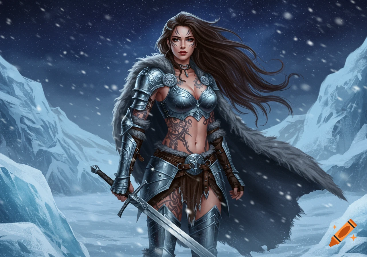 A female warrior with long brown hair and intricate tattoos stands in silver armor, holding a sword in a snowy, mountainous landscape under a starry night.