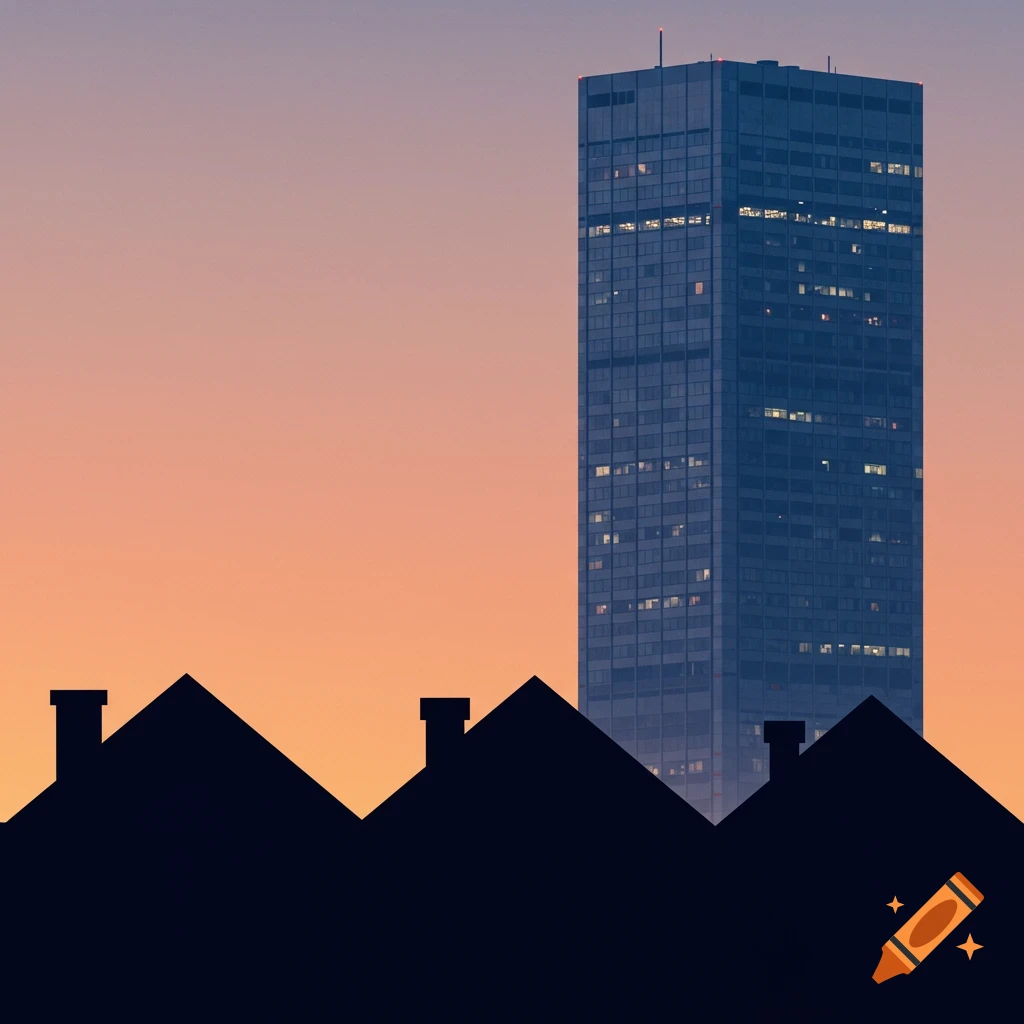Silhouettes of three house roofs against a colorful sunset sky, with a tall, modern skyscraper towering in the background.