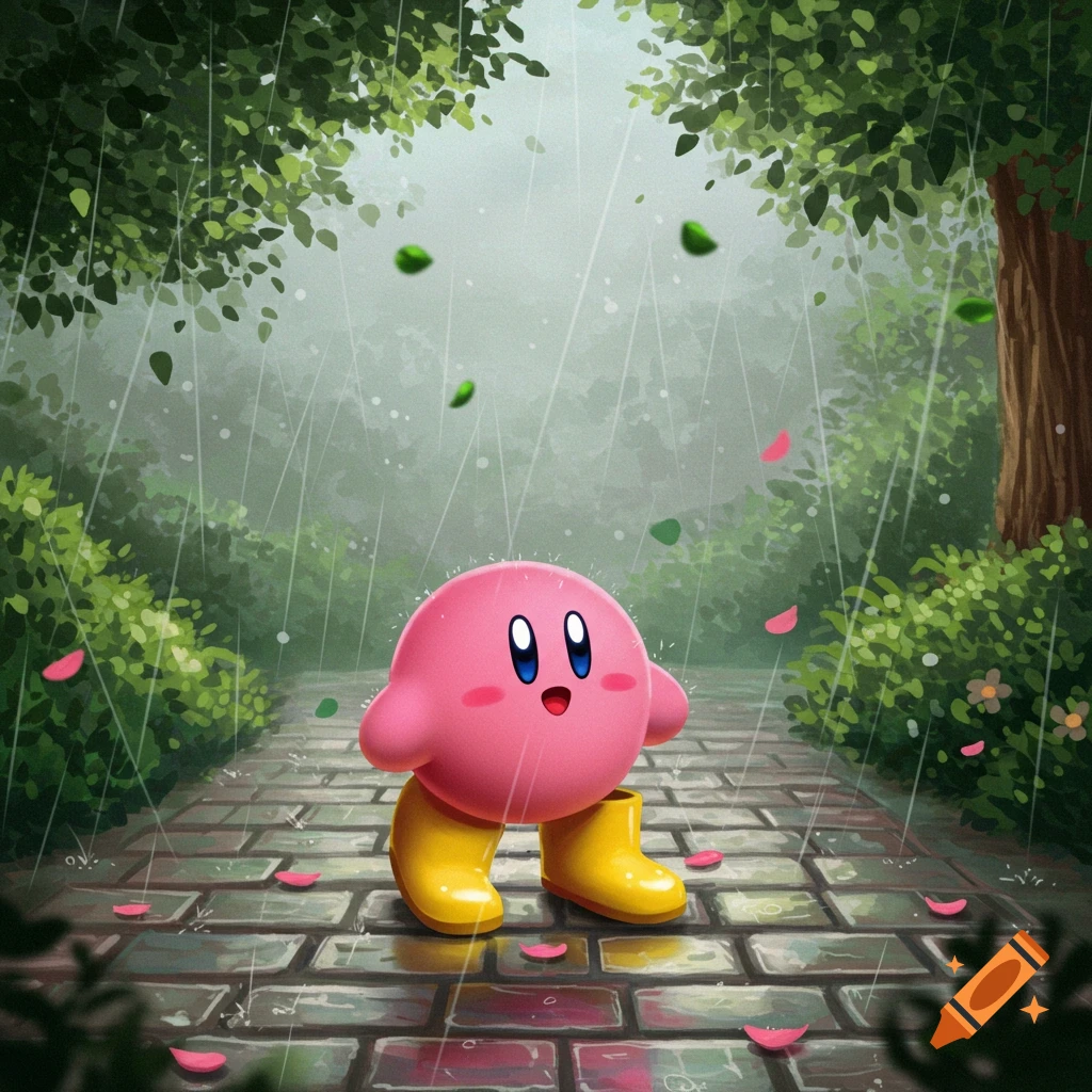 Kirby wearing yellow rain boots on a wet stone path in a rainy forest, with leaves falling.