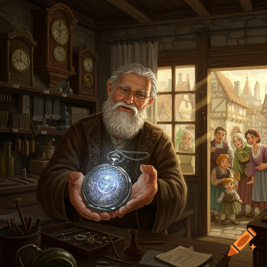 An old clockmaker holds a glowing magical pocket watch in his workshop, surrounded by clocks, as townsfolk watch from a sunny doorway in a medieval village.