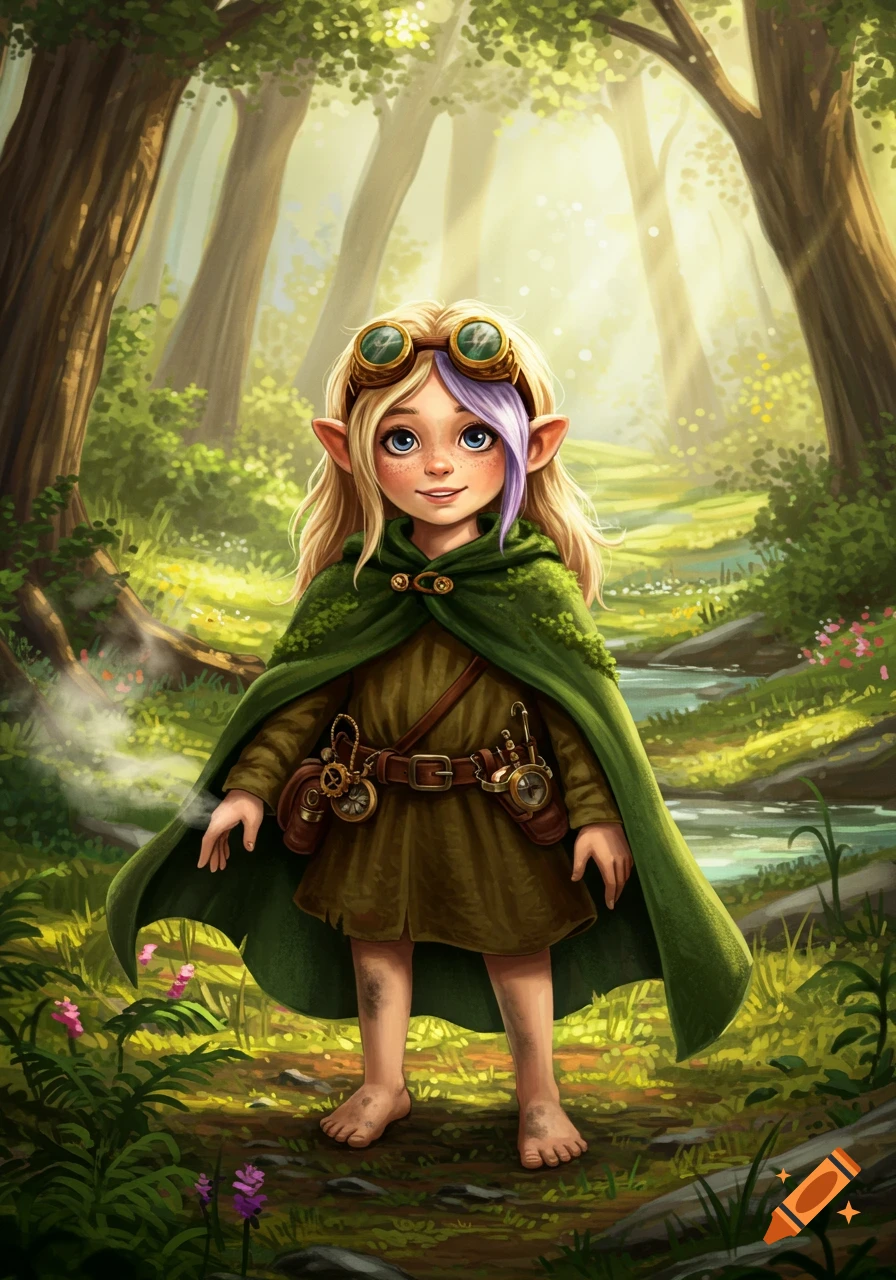 A young elf girl with blonde hair and a purple streak wears steampunk goggles and a green cloak, standing barefoot in a sunlit forest.