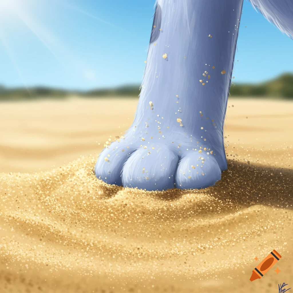 A close-up view of a blue furry paw, possibly from the character Bluey, resting in golden sand on a bright, sunny beach. Grains of sand cling to the fur.