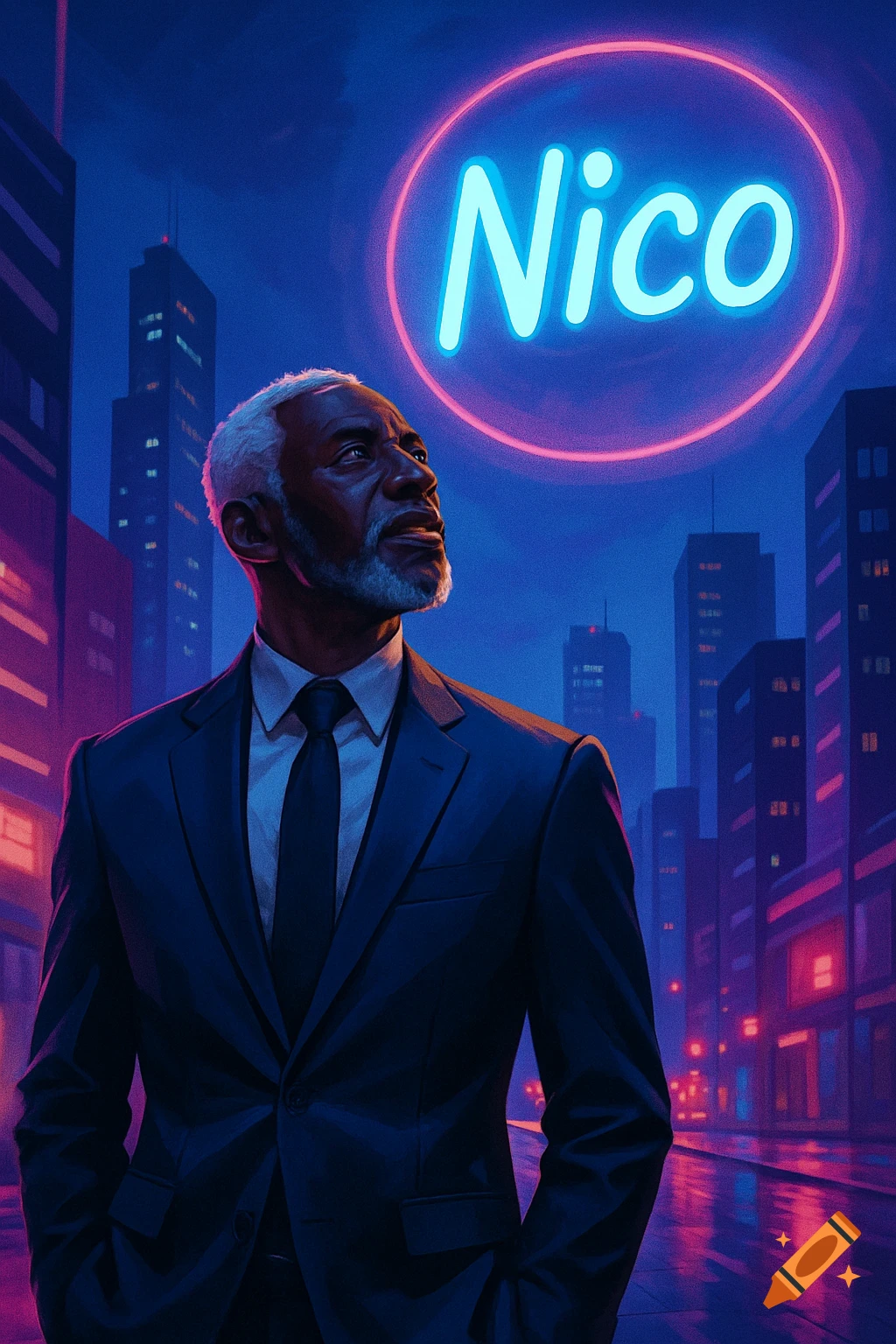 A serious Black man in a suit looks up at a glowing neon sign reading 'Nico' in a vibrant, stylized city at night.