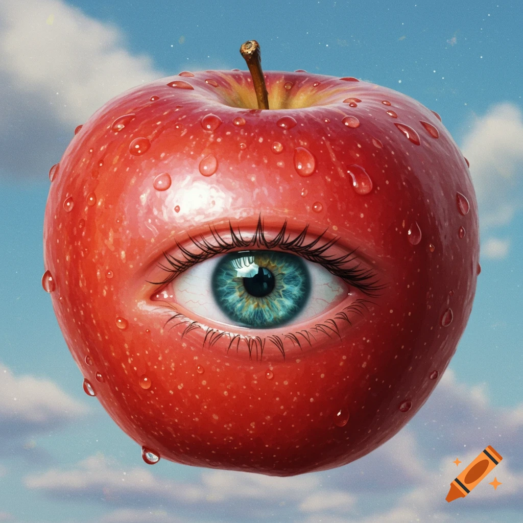 Realistic surreal red apple with water droplets and a human eye at its core, floating in a blue sky with clouds.