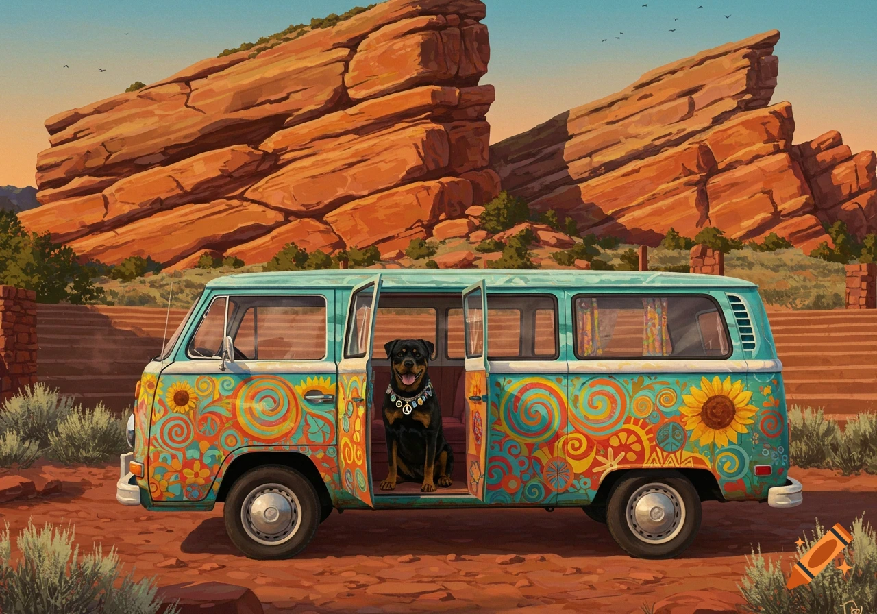 A black Rottweiler dog sits in the open side door of a vibrant, rainbow-decorated hippie van parked in front of large red rock formations.