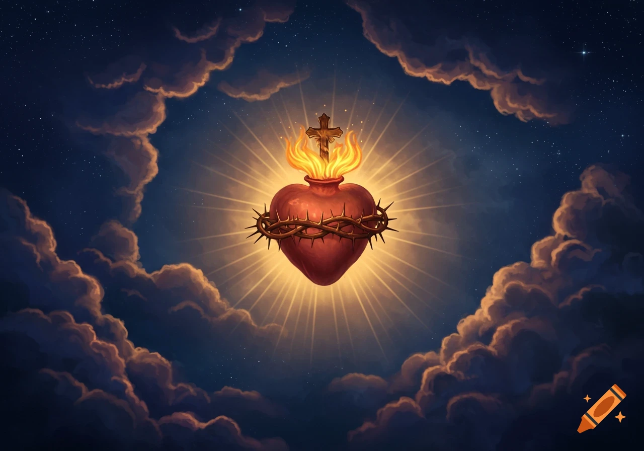 A glowing Sacred Heart with thorns, flames, and a cross, set against a starry night sky with clouds.