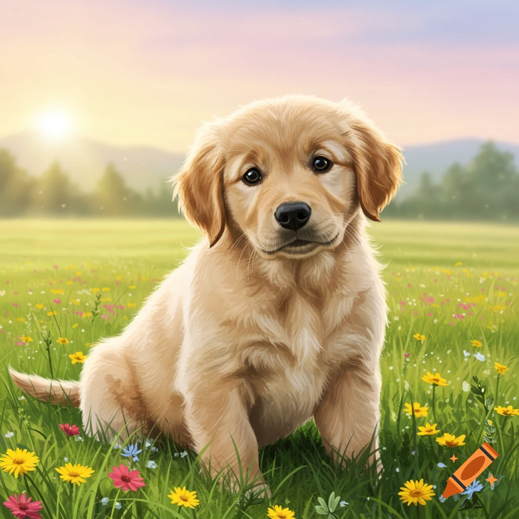 A cute golden retriever puppy sitting in a sunlit field filled with colorful wildflowers.