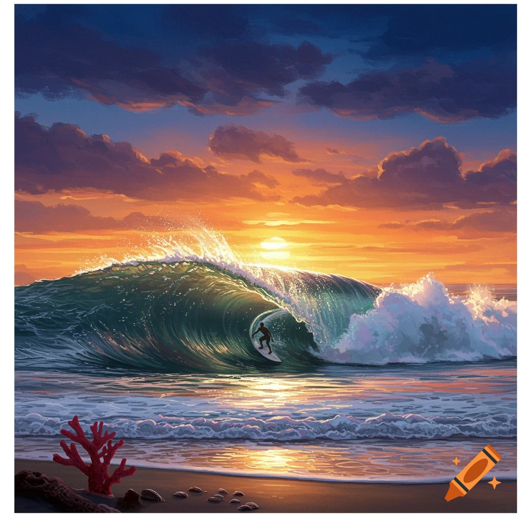 A silhouette of a surfer riding a large barrel wave at sunset, with an orange and purple sky over the ocean and a red coral on the beach.