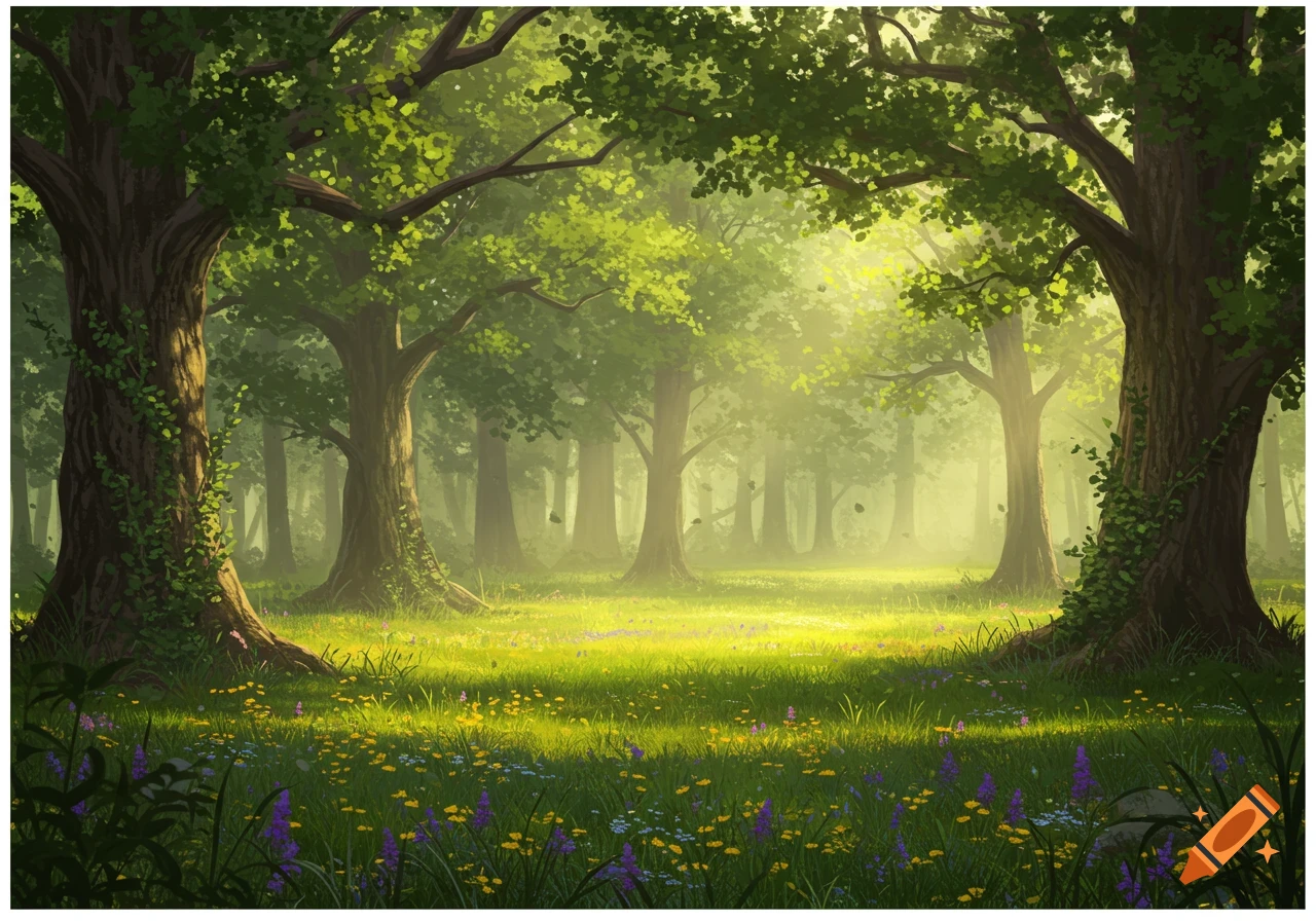 A sunny forest clearing with tall green trees and a meadow full of colorful wildflowers.