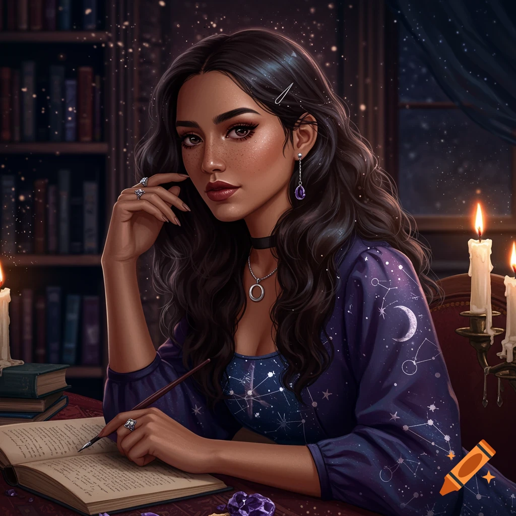 A dark-haired woman with celestial-themed clothing writes in a book at a candlelit desk in a library.