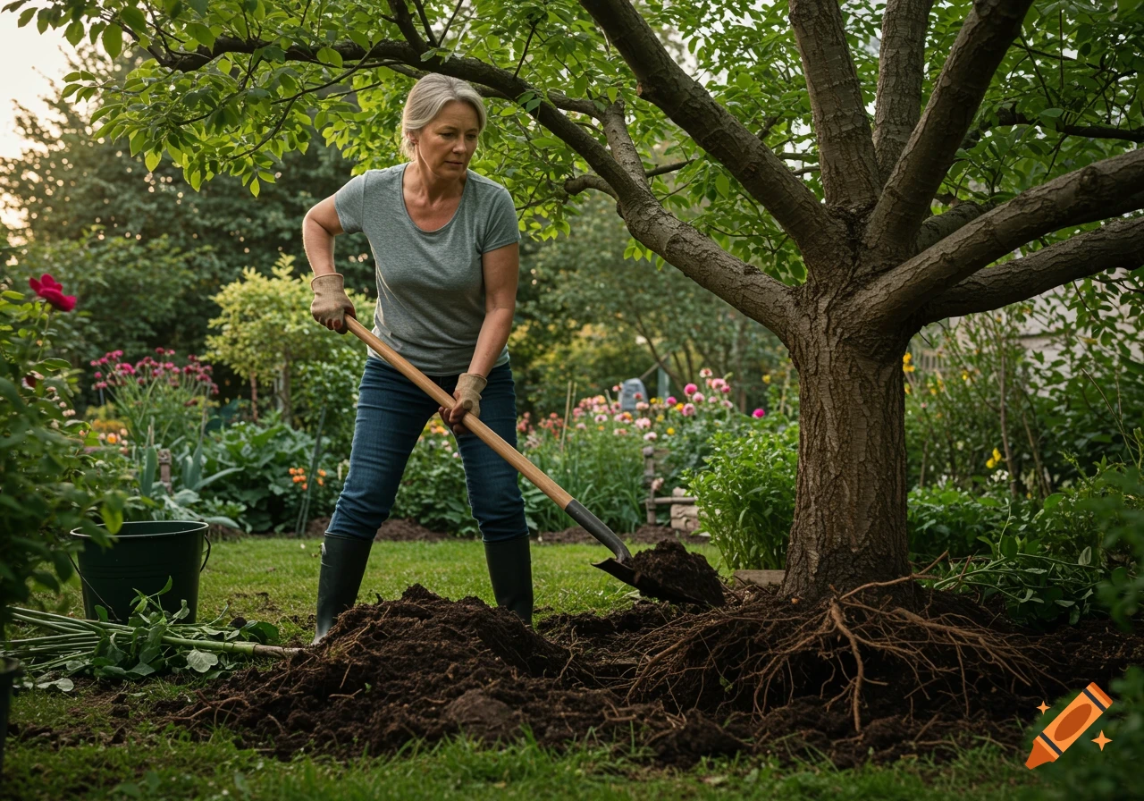 A middle-aged woman wearing gloves and boots digs soil around the roots of a tree in a sunny garden.