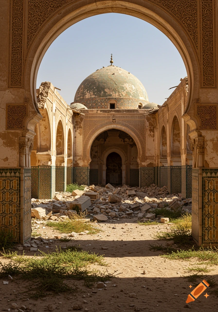 A large, ancient ruined Islamic building with a dome and arched walkways, rubble on the ground, under a clear sky.