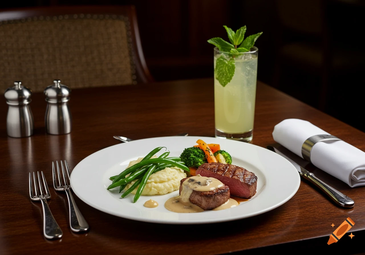 A gourmet meal featuring steak, mashed potatoes, green beans, and mixed vegetables on a white plate, served with a mint lemon aid on a wooden table in a restaurant.
