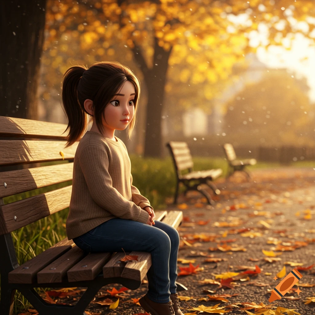 A young animated girl with a ponytail sits on a park bench amidst fallen autumn leaves, bathed in warm sunlight.