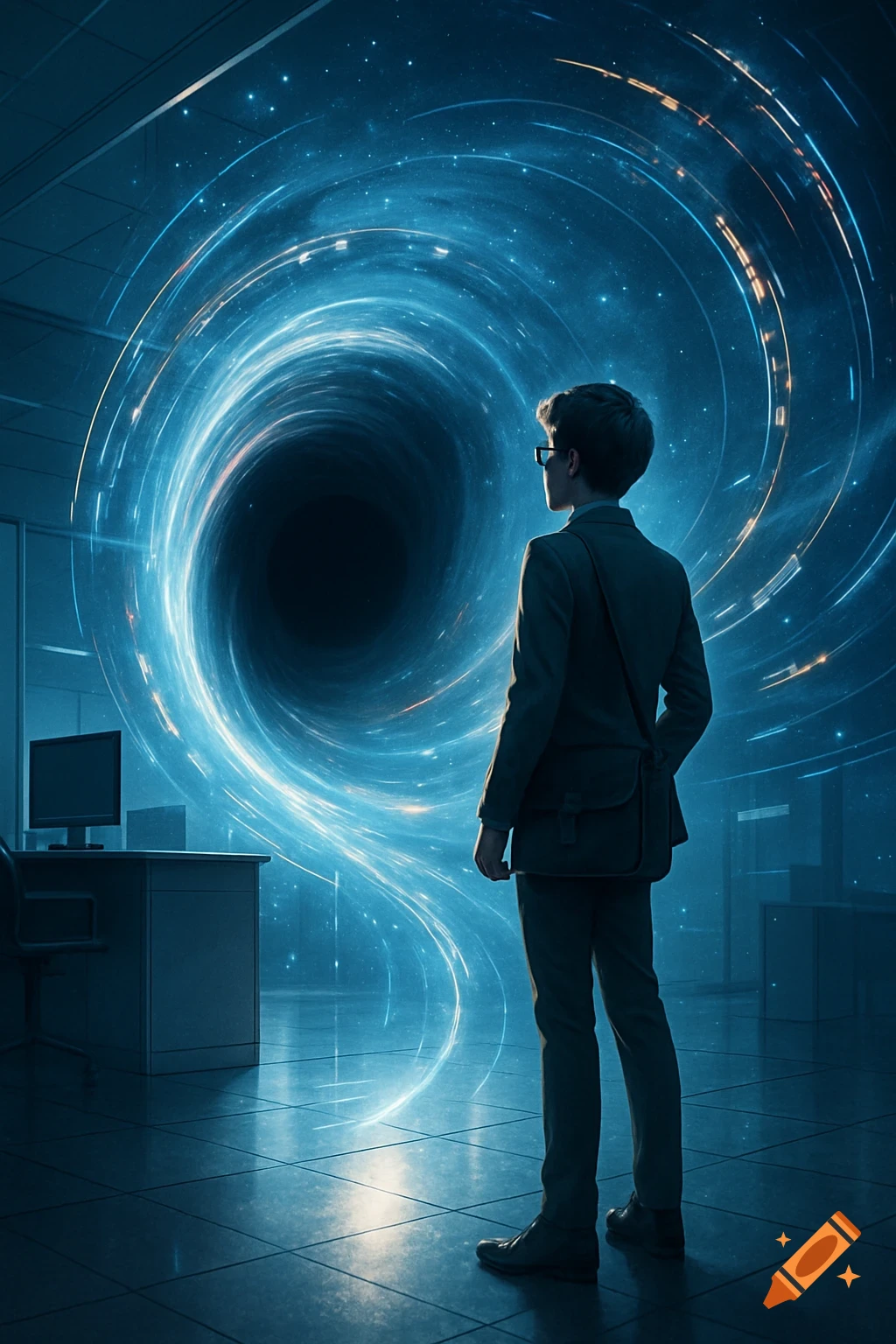 A person stands in an office looking into a swirling blue and black wormhole or portal.