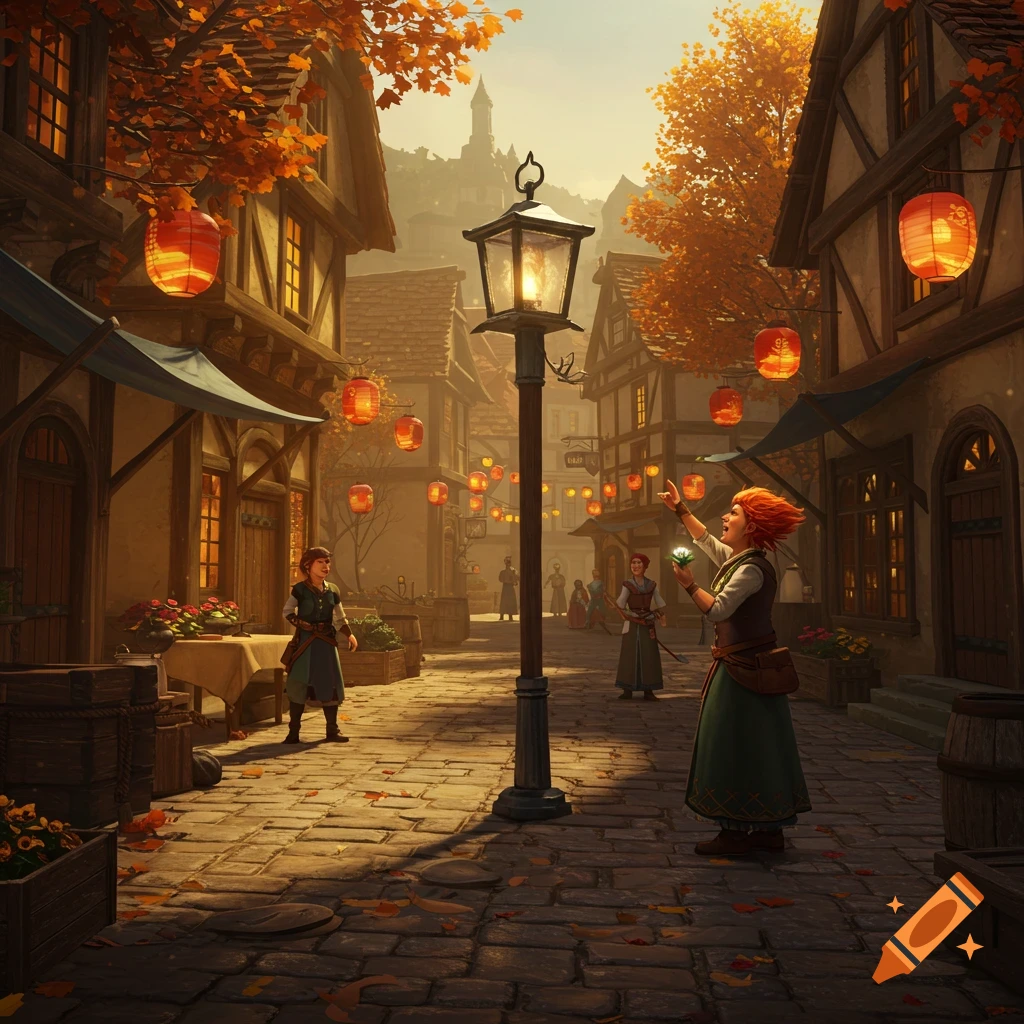 A vibrant fantasy village street at sunset, adorned with glowing lanterns and autumn leaves. People stroll along cobblestones, one looking up at a bright lamp post.