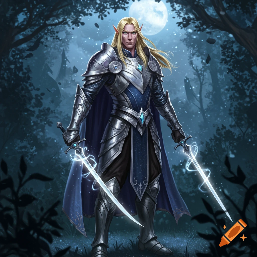 A male high elf warrior with long blonde hair stands in a dark forest at night under a full moon, holding two glowing short swords. Fantasy art.