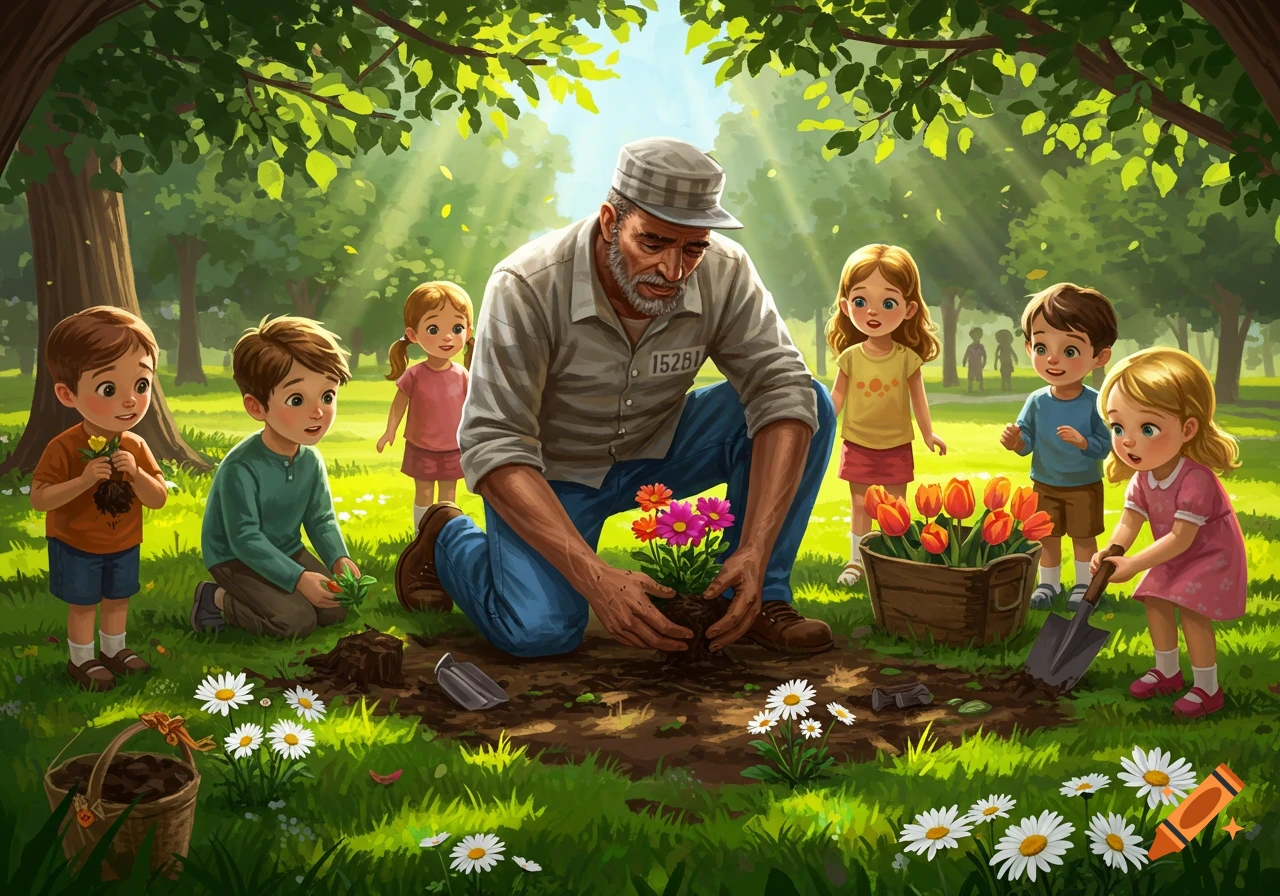 An older man and several children plant colorful flowers in a sunny park, an illustrative scene.