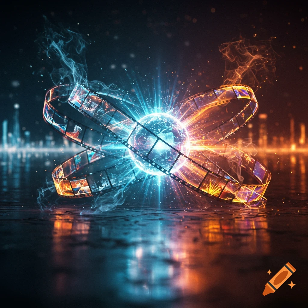 A vibrant blue and orange glowing orb surrounded by illuminated film strips, reflected on a dark, wet surface with a blurred cityscape background.