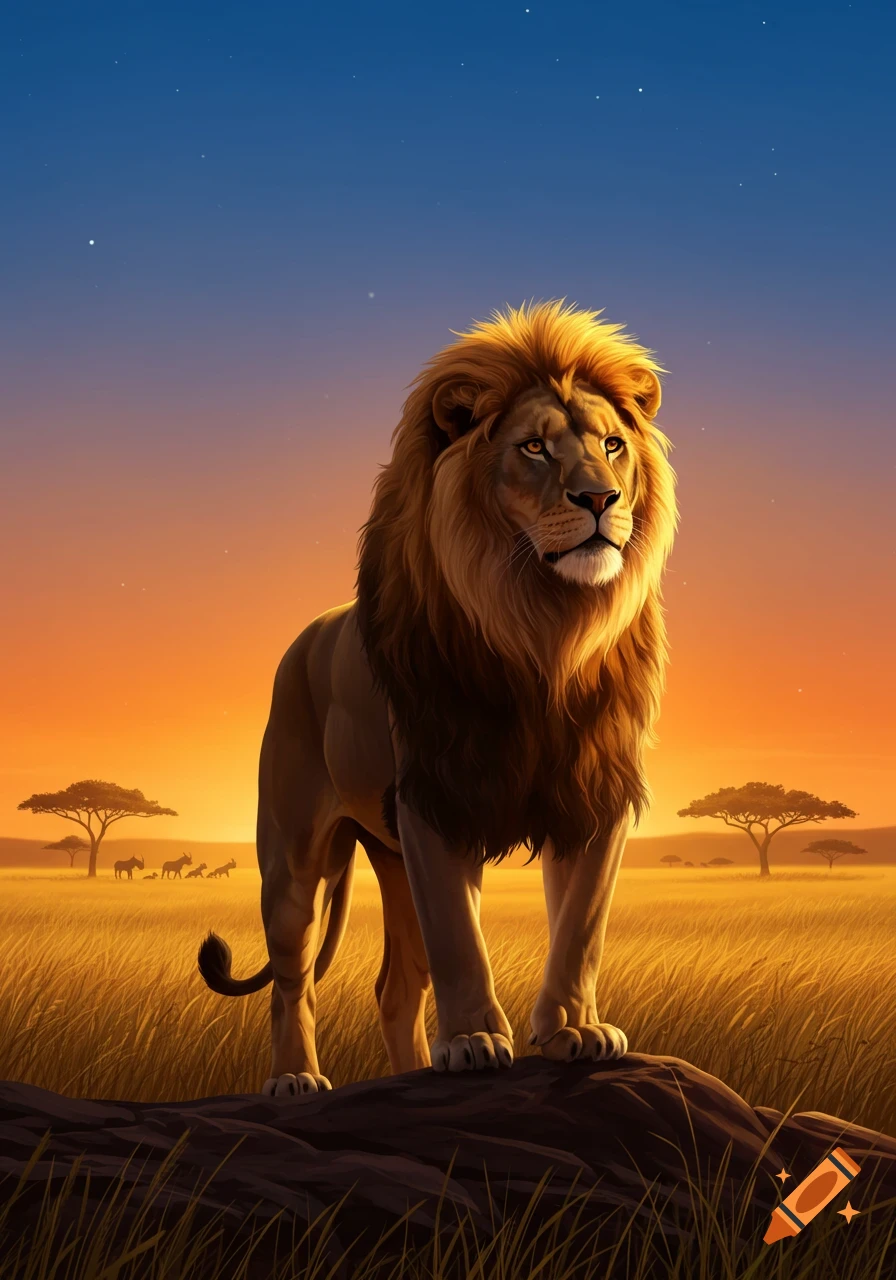 A majestic lion stands on a rock in a savanna at sunset, with a golden mane glowing against the orange and blue sky. Other animals graze in the distant golden grass.
