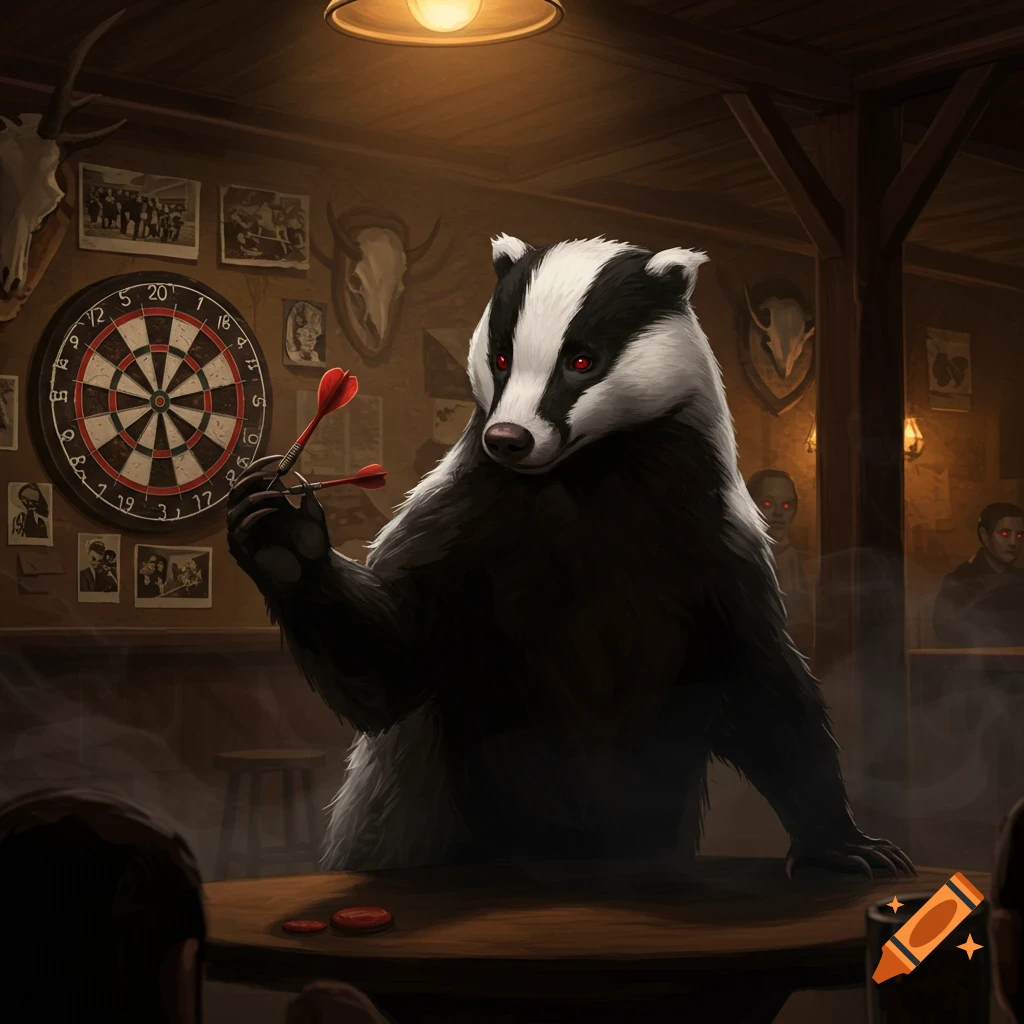 An anthropomorphic badger with red eyes holds darts in a dimly lit, rustic bar setting with a dartboard on the wall.