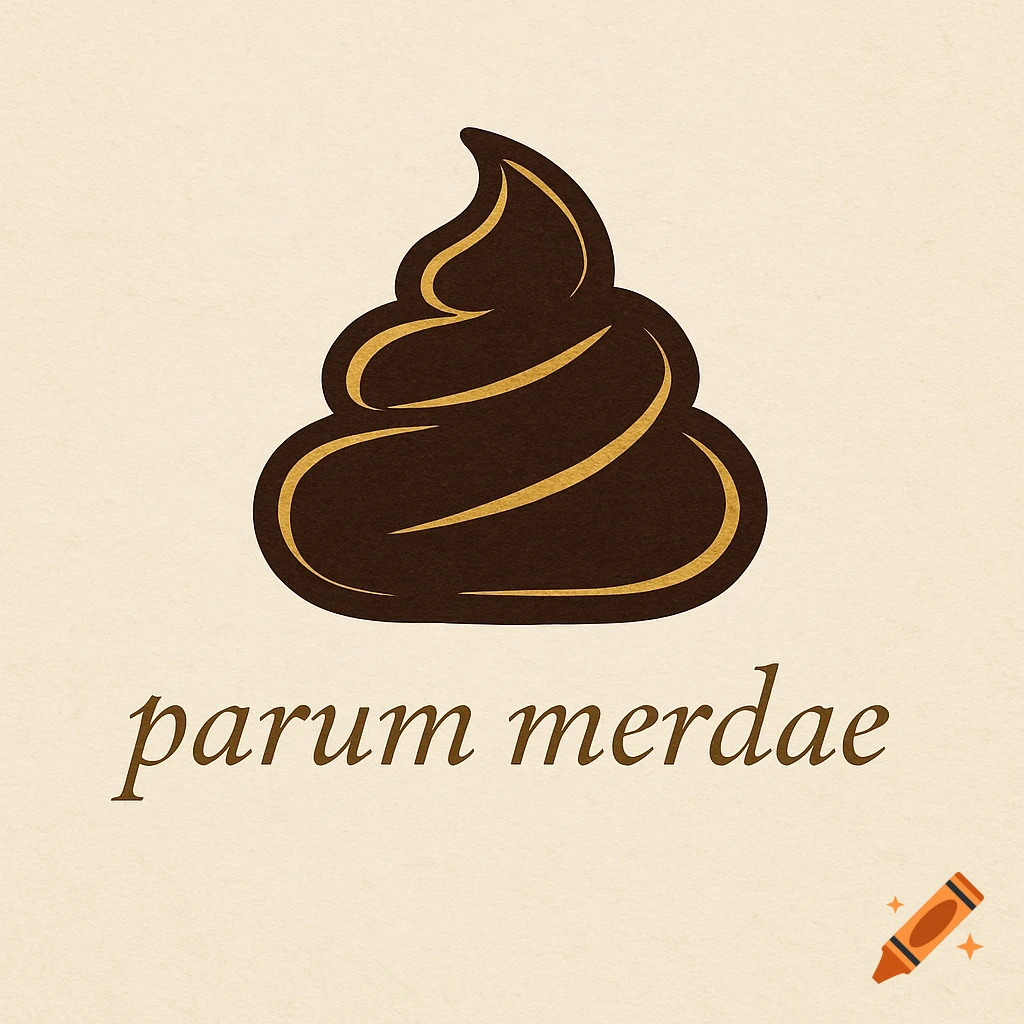 A minimalist academic-style logo of a brown stylized poo emoji with golden outlines and 'parum merdae' text below.