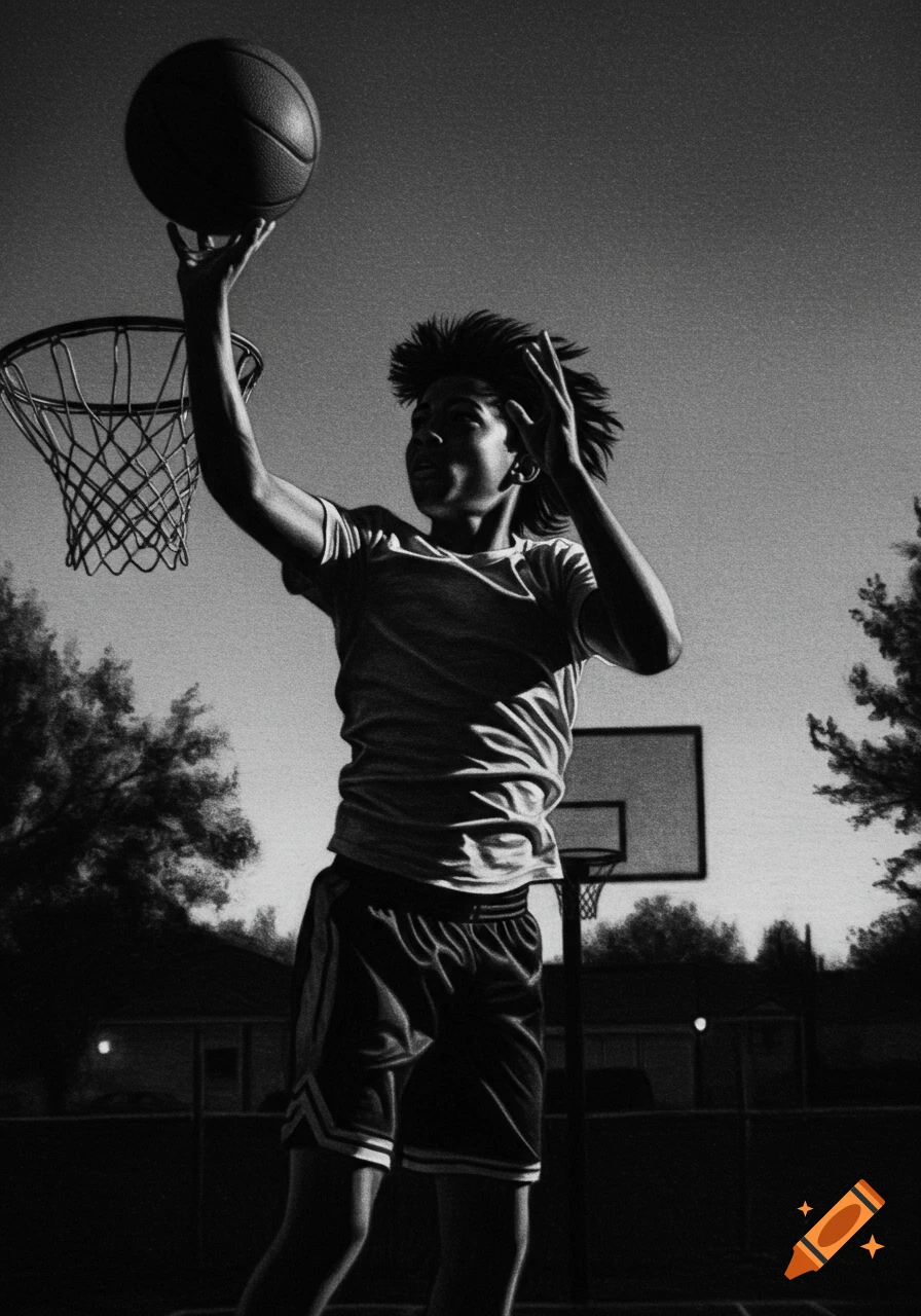 A black and white charcoal drawing of a person shooting a basketball on an outdoor court.