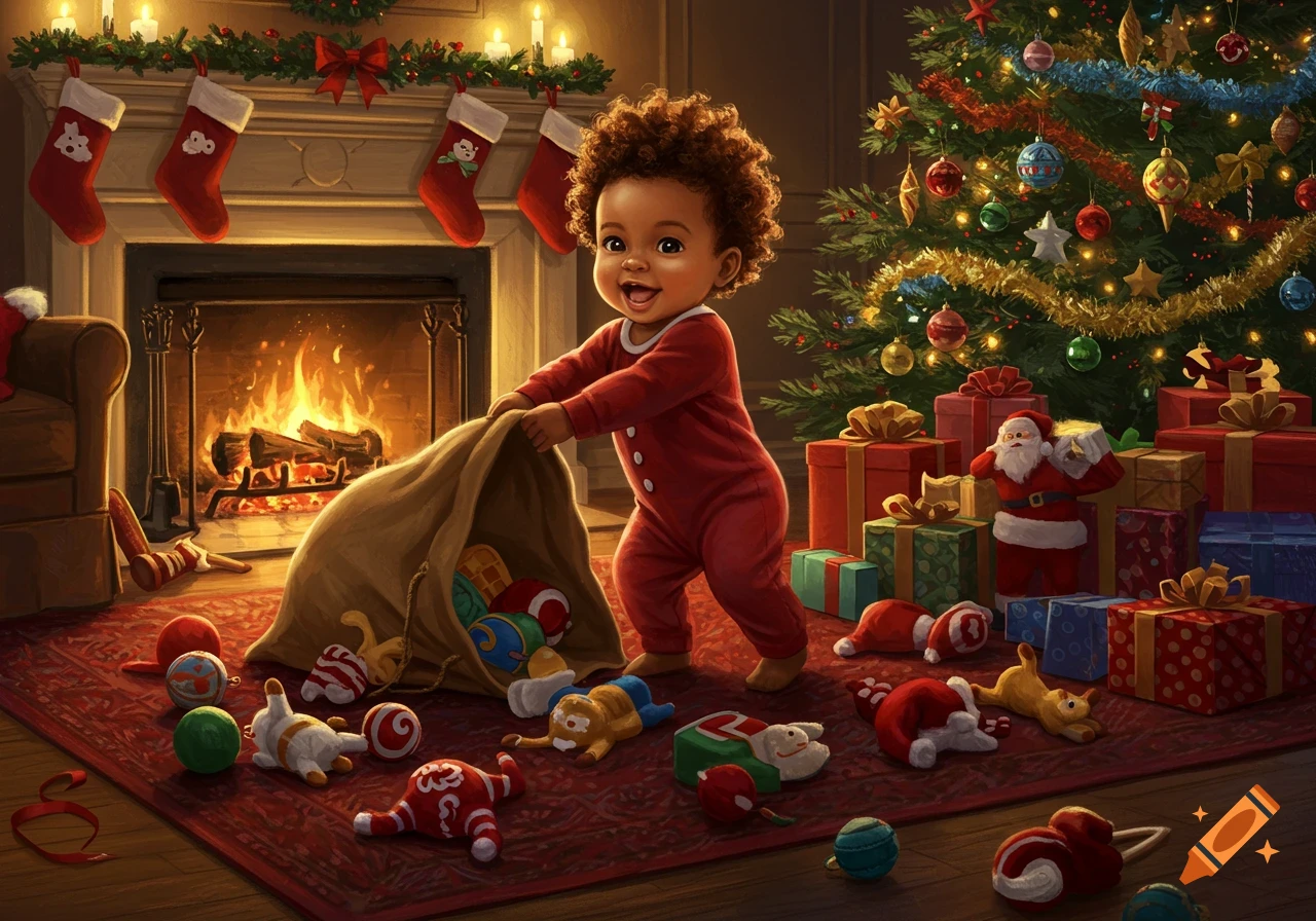A smiling baby boy in a red romper pulls a toy sack, scattering toys on a rug in a cozy Christmas living room with a fireplace and decorated tree.