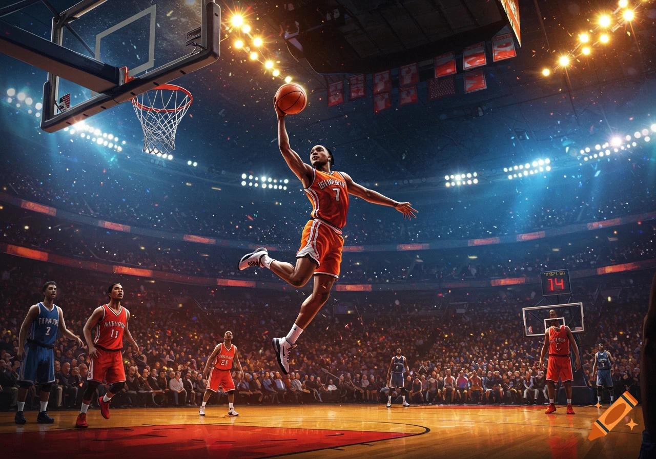 A dynamic shot of a basketball player in an orange uniform mid-air, about to dunk in a brightly lit arena filled with spectators.