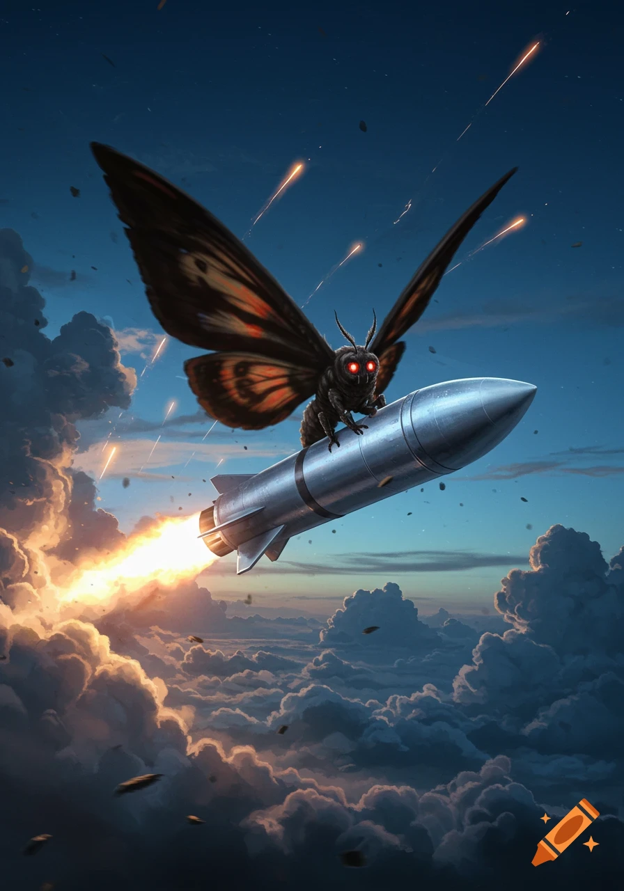 Mothman with glowing red eyes rides a silver missile soaring through a cloudy twilight sky with a fiery exhaust.