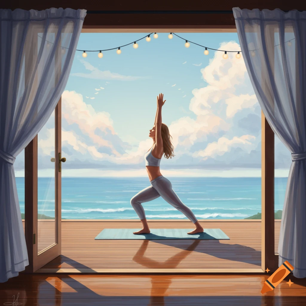 An illustration of a woman doing yoga on a mat on a wooden deck overlooking the ocean with string lights and curtains.