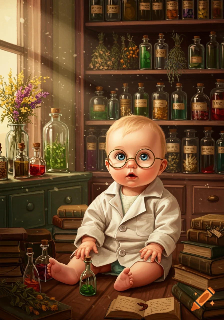 An adorable baby wearing oversized glasses and a lab coat sits on the floor amidst books and potion bottles in a whimsical apothecary.