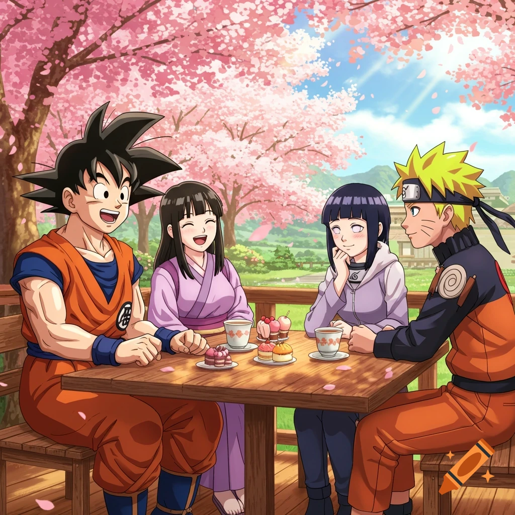 Goku and Chi-Chi, with Hinata and Naruto, share tea and desserts at an outdoor table under cherry blossom trees in an anime style.