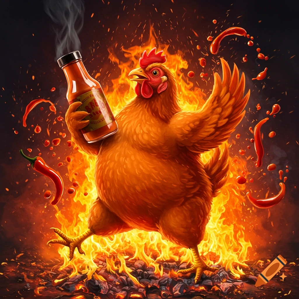 A cartoon chicken stands in flames, holding a bottle of hot sauce, surrounded by flying chili peppers and hot sauce splashes.