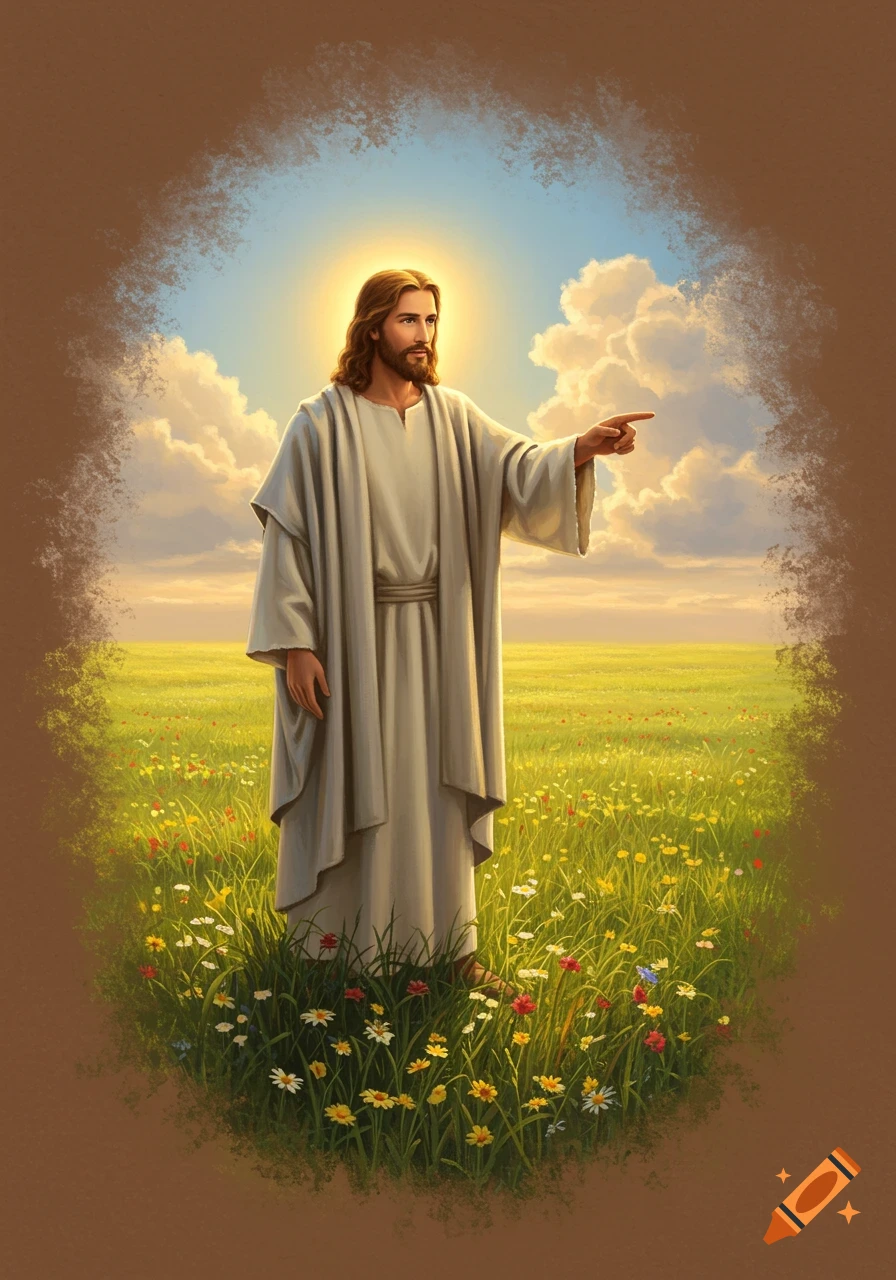 Jesus with a halo stands in a field of wildflowers, pointing, against a bright sky.