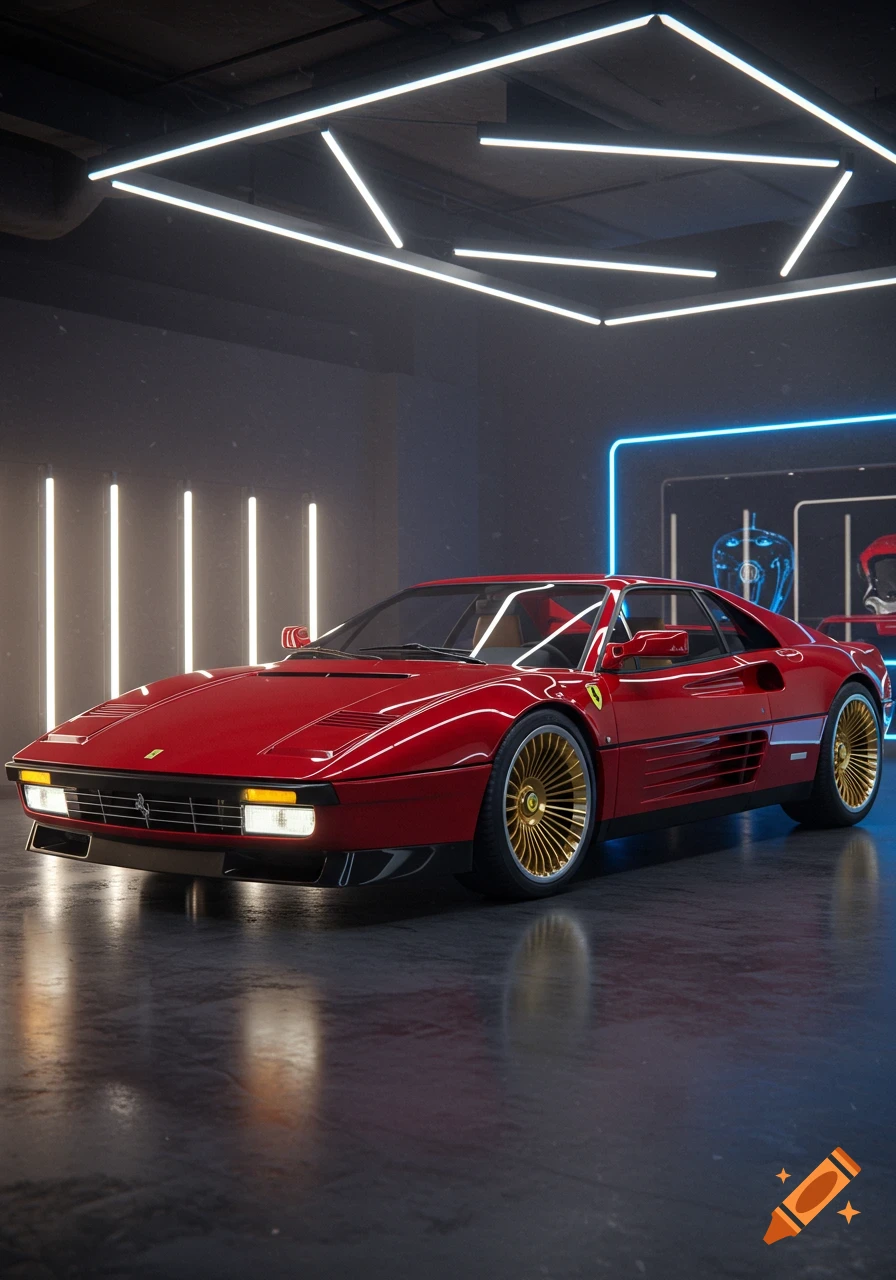 A sleek red Ferrari 288 GTO with gold wheels parked in a futuristic garage with neon lights.