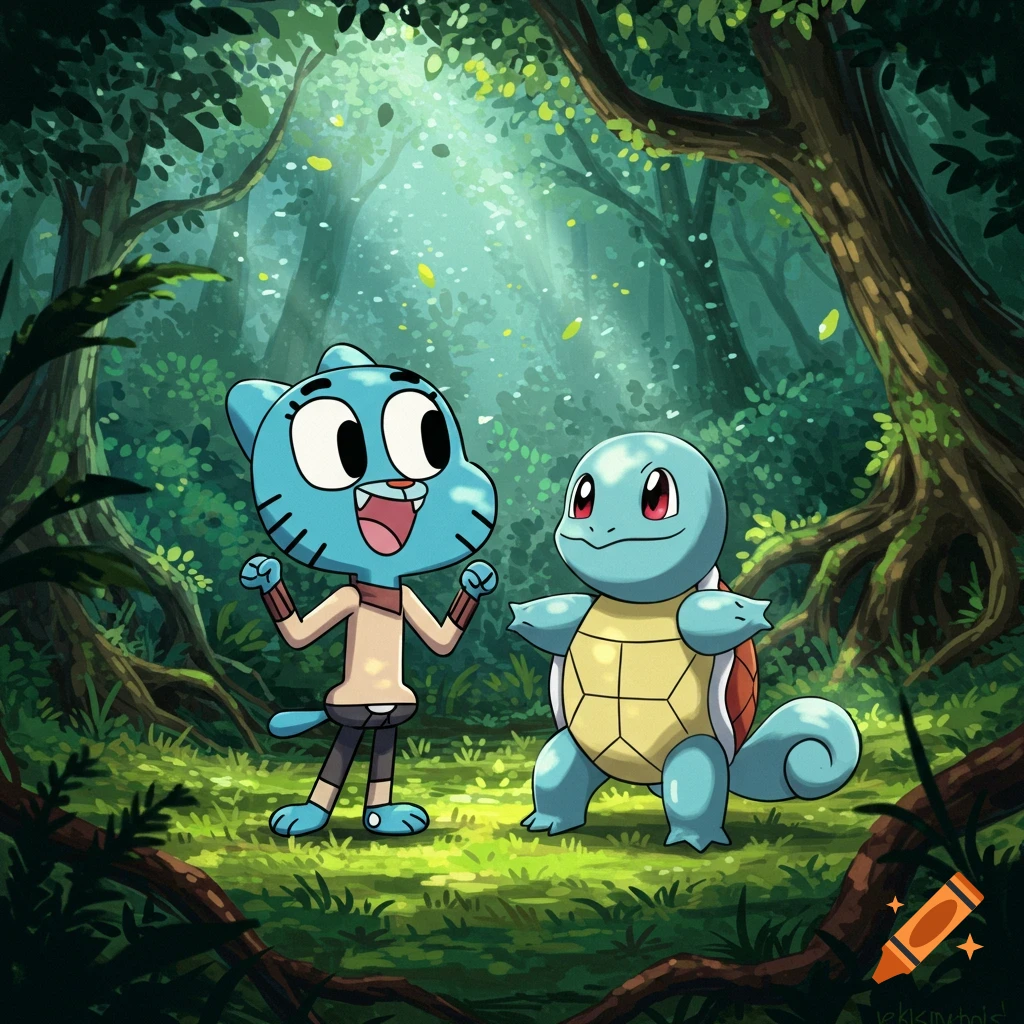 Cartoon Gumball Watterson and Squirtle smiling together in a lush, sunlit forest.