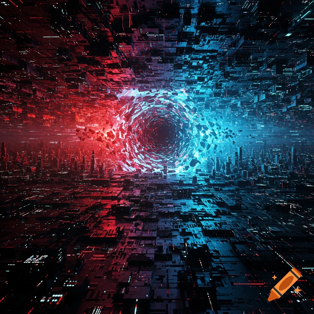 A vibrant digital tunnel with red and blue light surrounded by abstract circuit-like cityscapes.