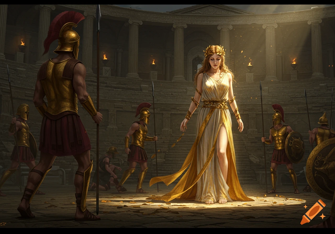An ancient Greek goddess in a golden dress, taken prisoner by armored soldiers in a large, ruined amphitheater.
